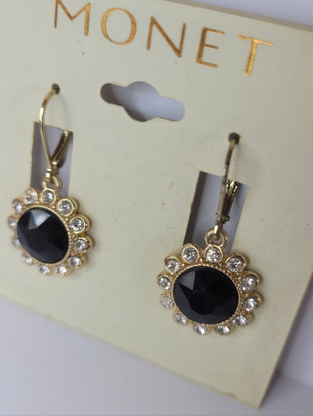 NWT Monet Gold & Black Rhinestone Flower Dangle Earrings